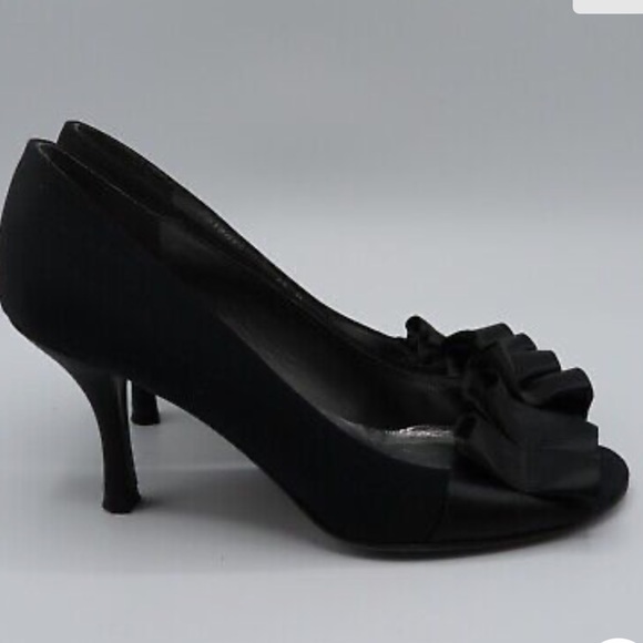 Stuart Weiztman Black Satin High Heel 3" Slip On Open Toe Pump Women Size 7.5 - Picture 2 of 7